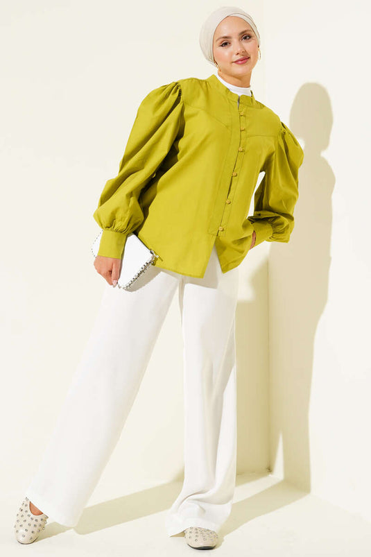 Grandad Collar Brit Button-Down Shirt Oil Green