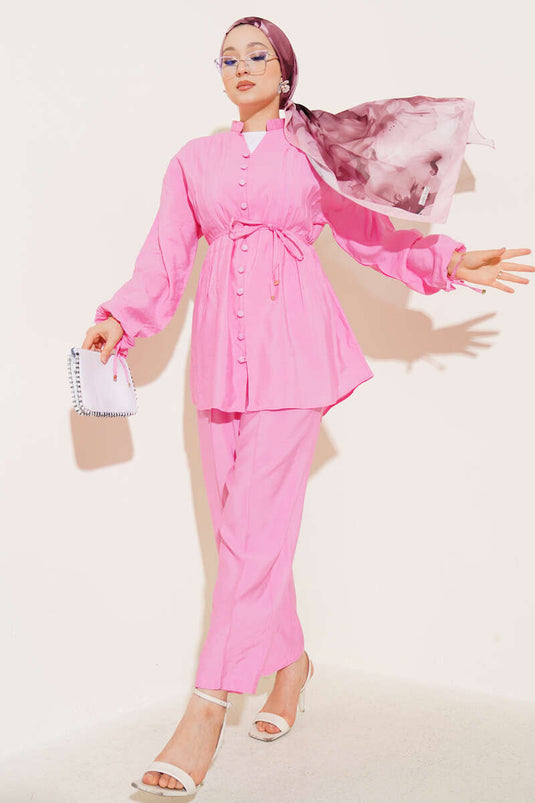 Grandad Collar Brit Buttoned Two Piece Suit Pink