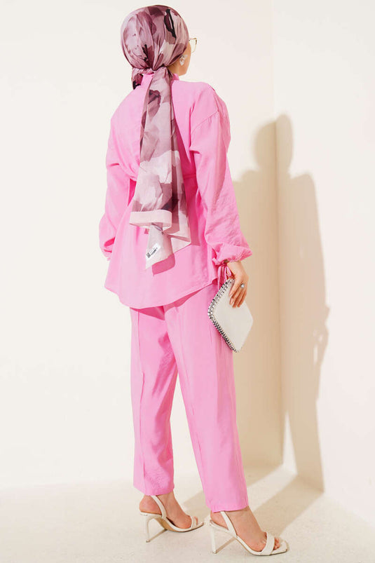 Grandad Collar Brit Buttoned Two Piece Suit Pink