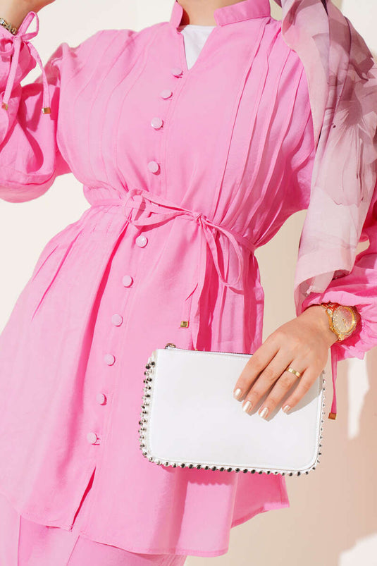 Grandad Collar Brit Buttoned Two Piece Suit Pink