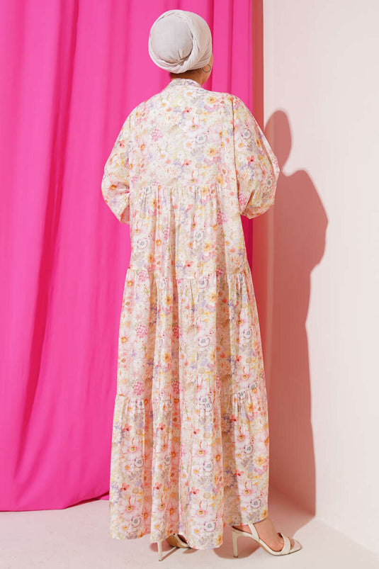 فستان زهري متعدد الطبقات بياقة الجد