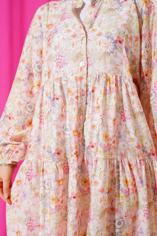 Lagenkleid mit Grandad-Kragen und Blumenmuster Rosa