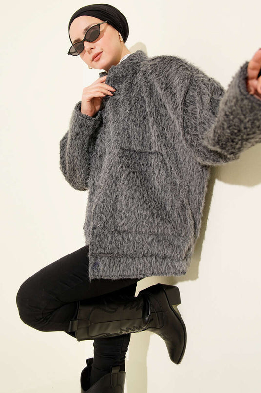 Hakim Yaka Çıtçıtlı Sakallı Ceket Füme