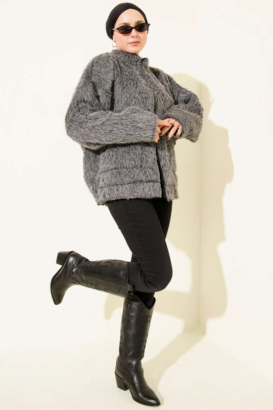 Hakim Yaka Çıtçıtlı Sakallı Ceket Füme