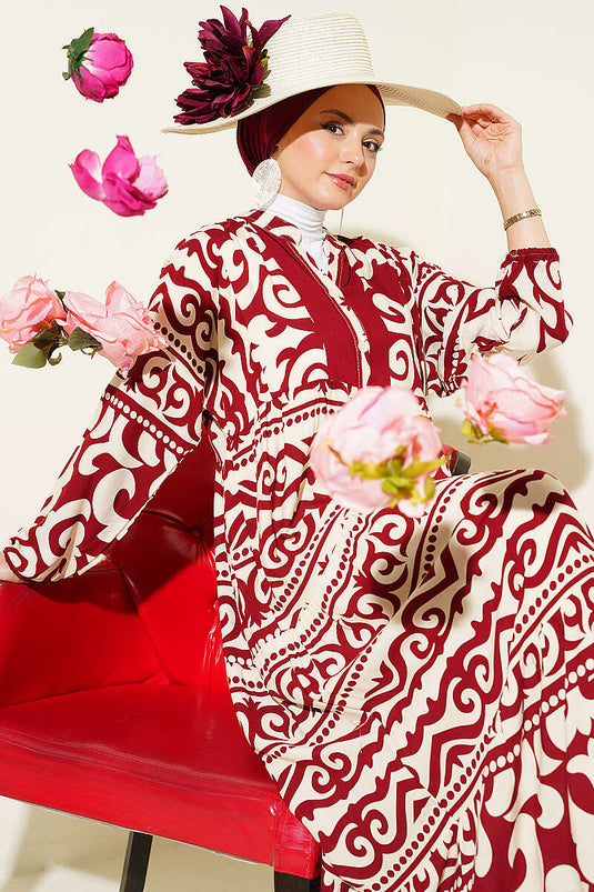 Robe à motifs avec col Hakim et boutons, bordeaux