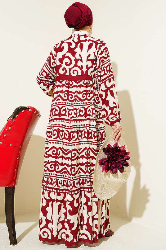 Robe à motifs avec col Hakim et boutons, bordeaux