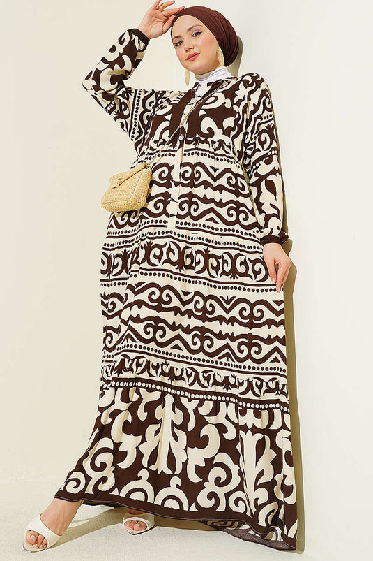 Robe à motifs avec col Hakim et boutons, couleur café