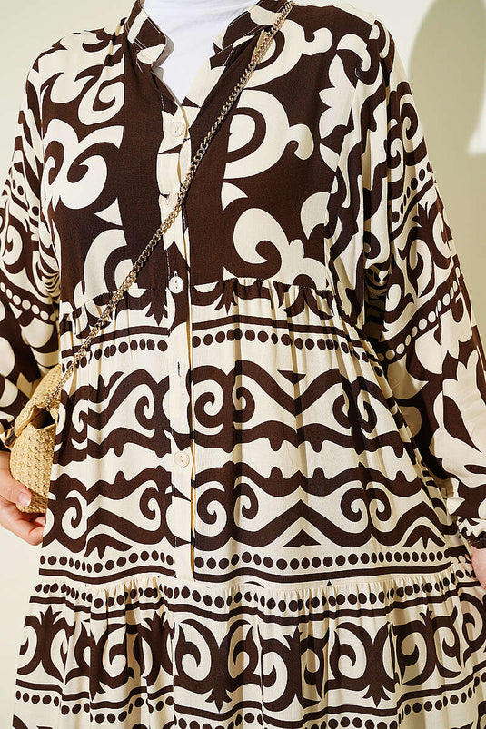 Robe à motifs avec col Hakim et boutons, couleur café