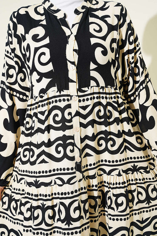 Robe à motifs avec col Hakim et boutons noire