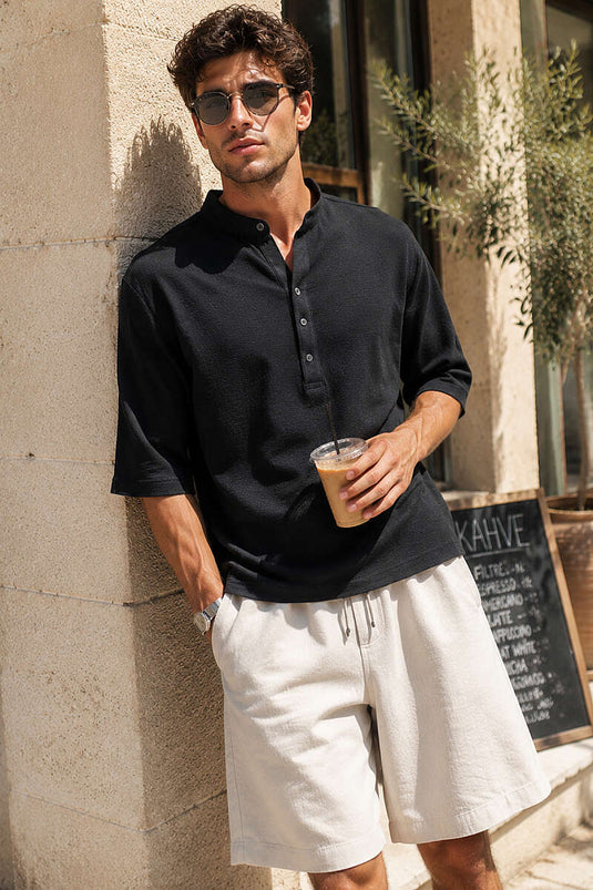 Hakim Collar Buttoned Men's T-shirt Black