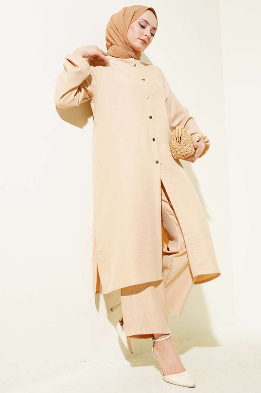 Dubbelrijs geknoopt pak Camel