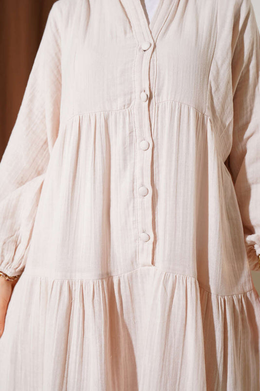 Grandad Collar Buttoned Floor Dress Beige