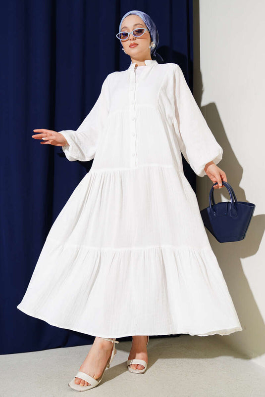 Grandad Collar Buttoned Floor Dress White