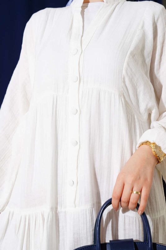 Grandad Collar Buttoned Floor Dress White