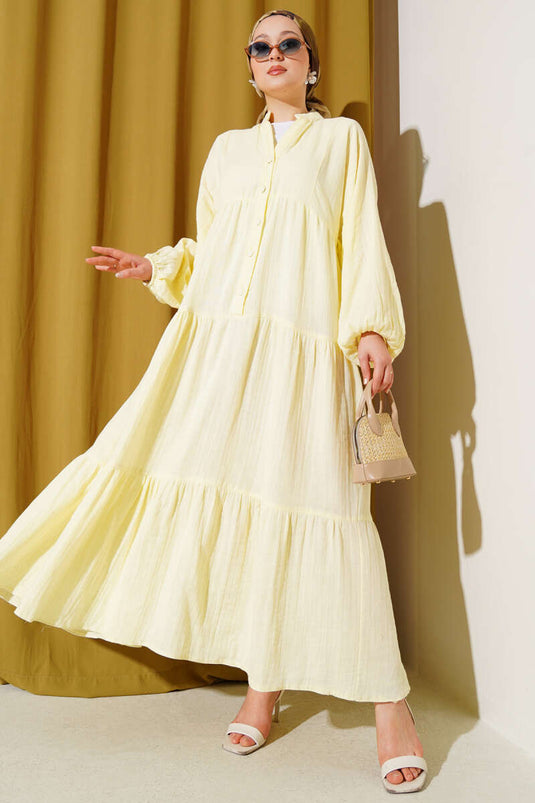 Grandad Collar Buttoned Floor Dress Yellow