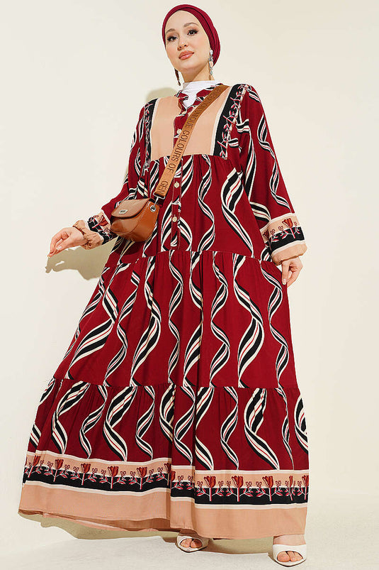 Hakim Collar Buttoned Layered Dress Burgundy