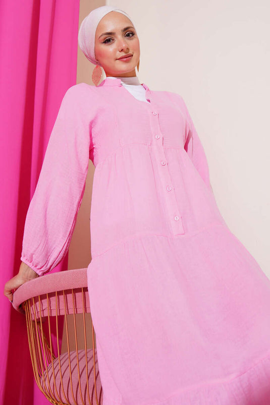 Grandad Collar Buttoned Muslin Dress Pink