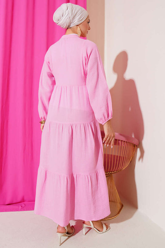 Grandad Collar Buttoned Muslin Dress Pink