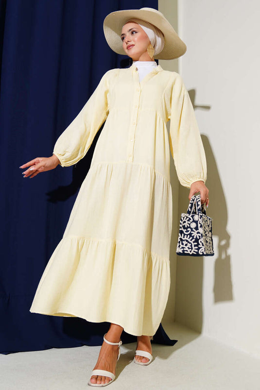 Grandad Collar Buttoned Muslin Dress Yellow