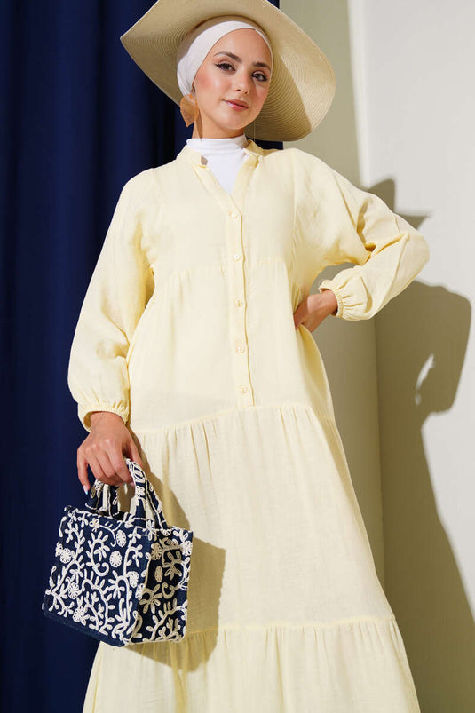 Grandad Collar Buttoned Muslin Dress Yellow