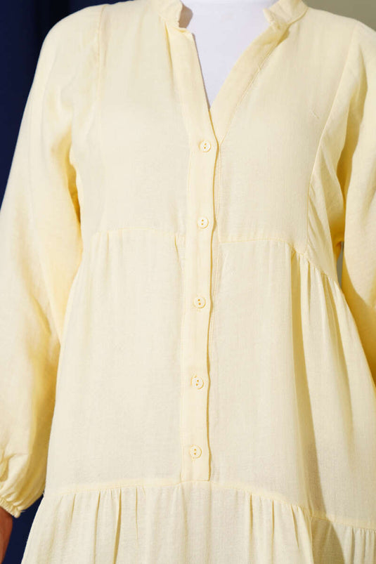 Grandad Collar Buttoned Muslin Dress Yellow