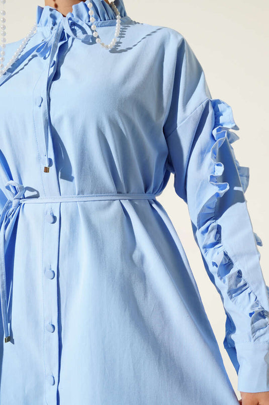 Grandad Collar Ruffled Shirt Blue