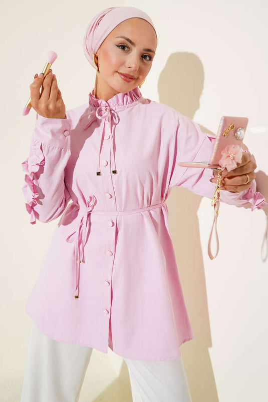 Grandad Collar Ruffle Shirt Pink