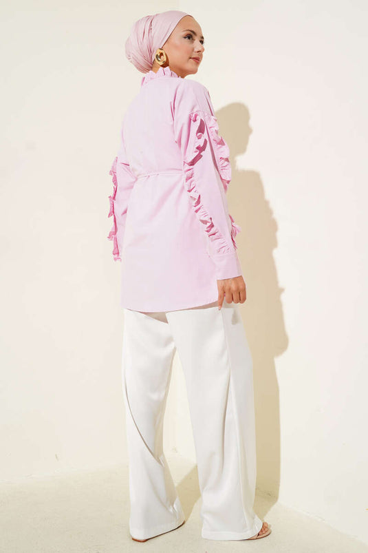 Grandad Collar Ruffle Shirt Pink