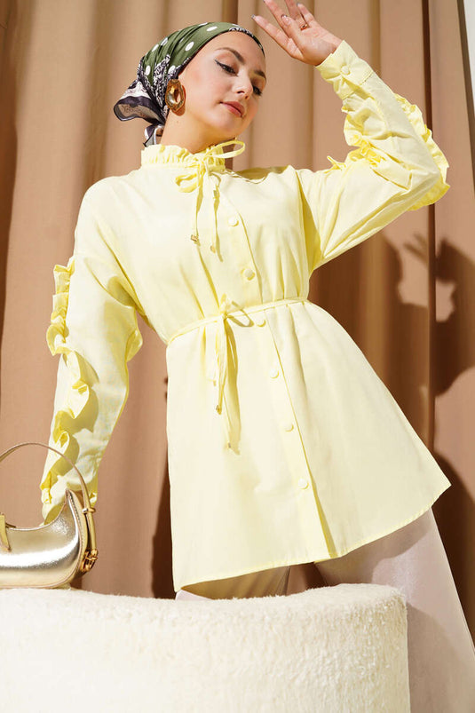 Grandad Collar Ruffle Shirt Yellow