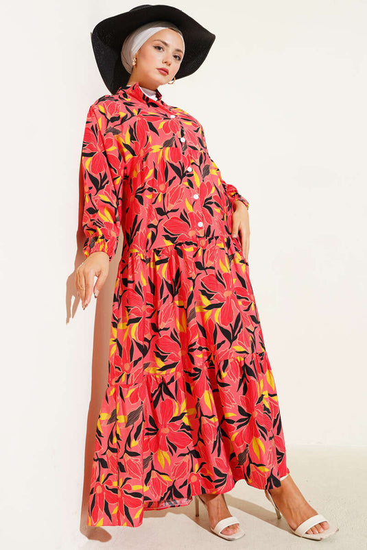 Grandad Collar Floral Patterned Dress Alizarin