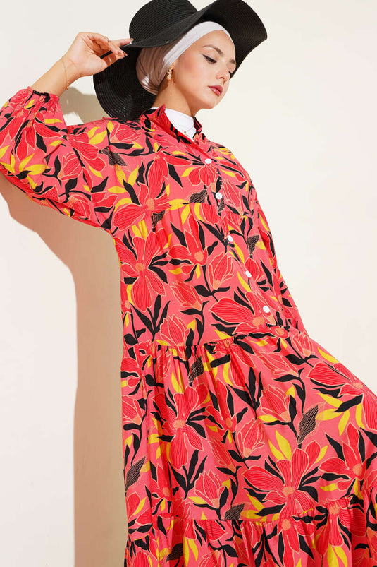 Grandad Collar Floral Patterned Dress Alizarin