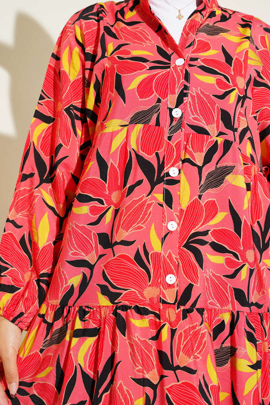Grandad Collar Floral Patterned Dress Alizarin