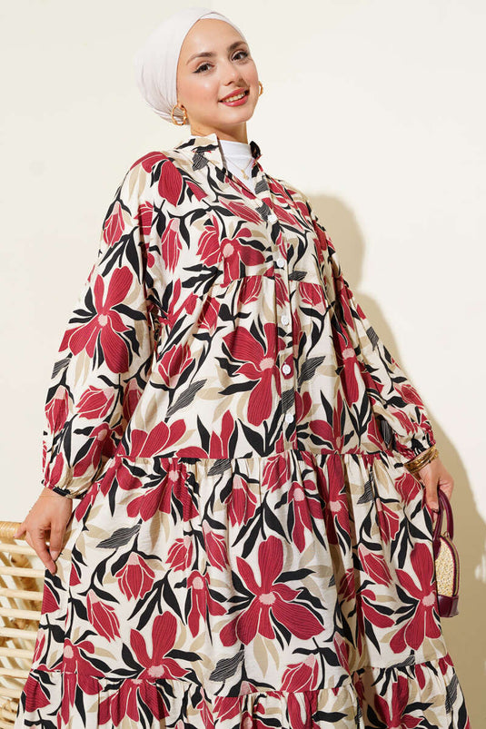 Grandad Collar Floral Patterned Dress Burgundy