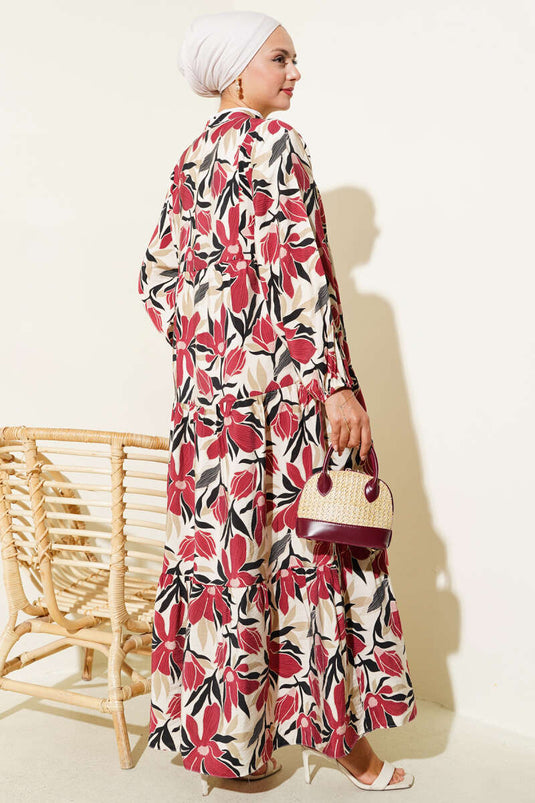 Grandad Collar Floral Patterned Dress Burgundy