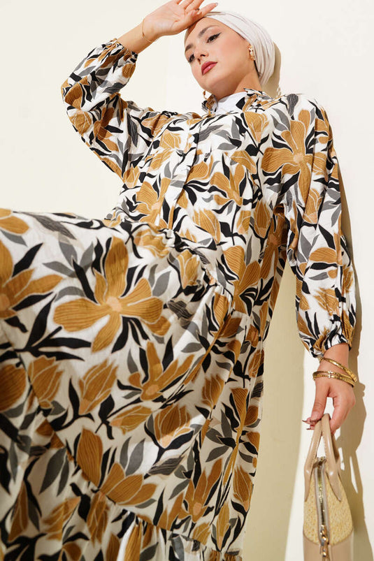 Mandarin Collar Floral Patterned Dress Mustard