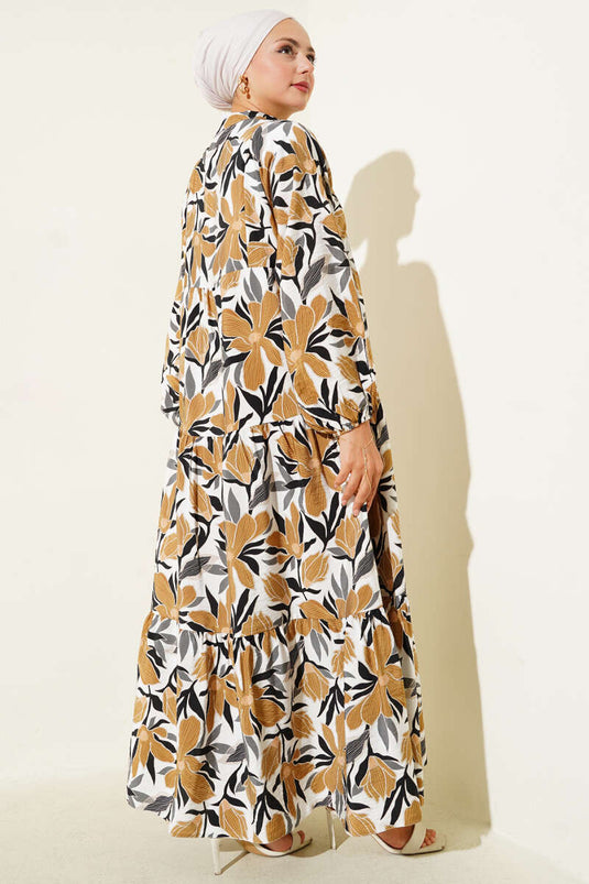 Mandarin Collar Floral Patterned Dress Mustard