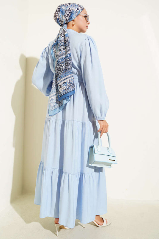 Grandad Collar Hidden Button Floor Dress Blue