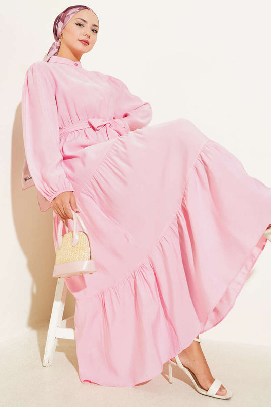 Grandad Collar Hidden Button Floor Dress Pink