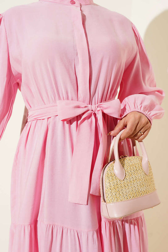 Grandad Collar Hidden Button Floor Dress Pink