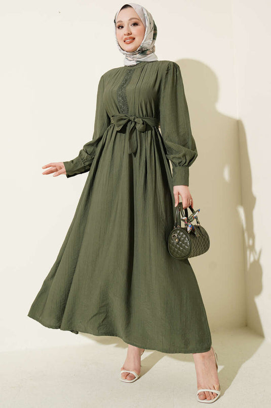 Hakim Collar Lace Belted Dress Khaki