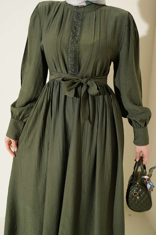 Hakim Collar Lace Belted Dress Khaki
