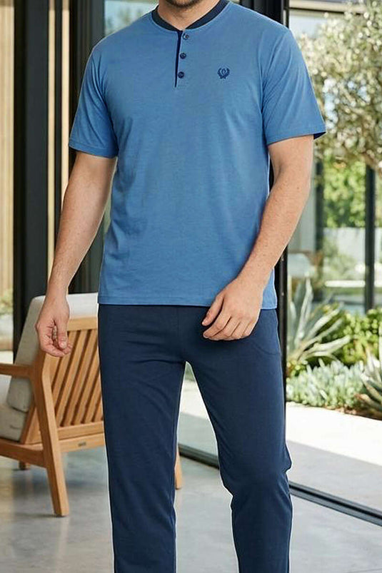 Hakim Yaka Kısa Kol Erkek Pijama Takımı Mavi