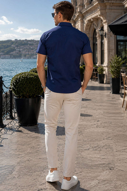 Hakim Yaka Kısa Kol Slim Fit Erkek Gömlek Lacivert
