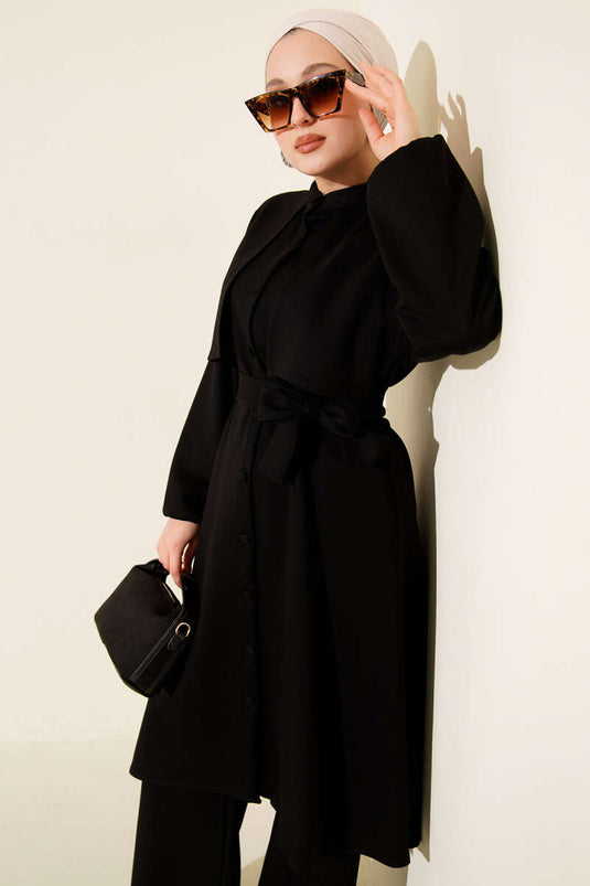 طقم ثنائي من القميص بياقة حكيم مع عباءة، أسود