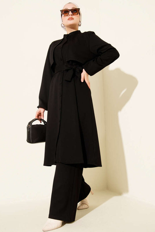 طقم ثنائي من القميص بياقة حكيم مع عباءة، أسود