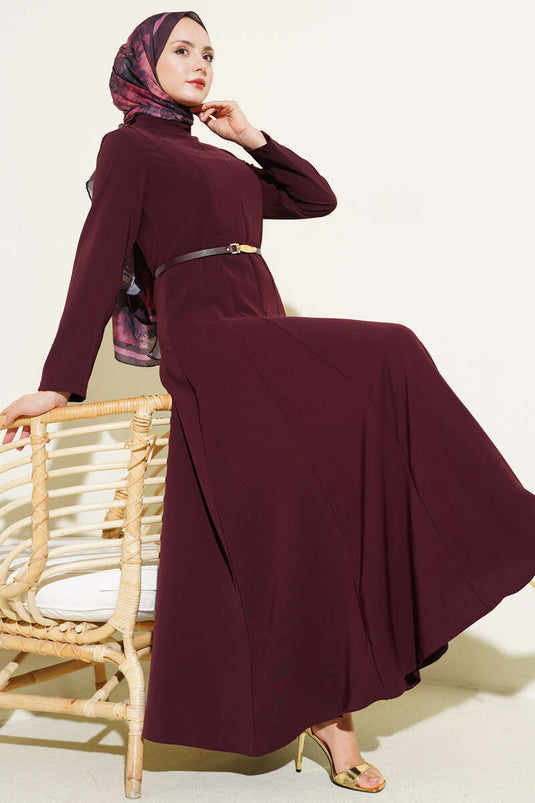 Hakim Collar Pleated Belted Dress Burgundy