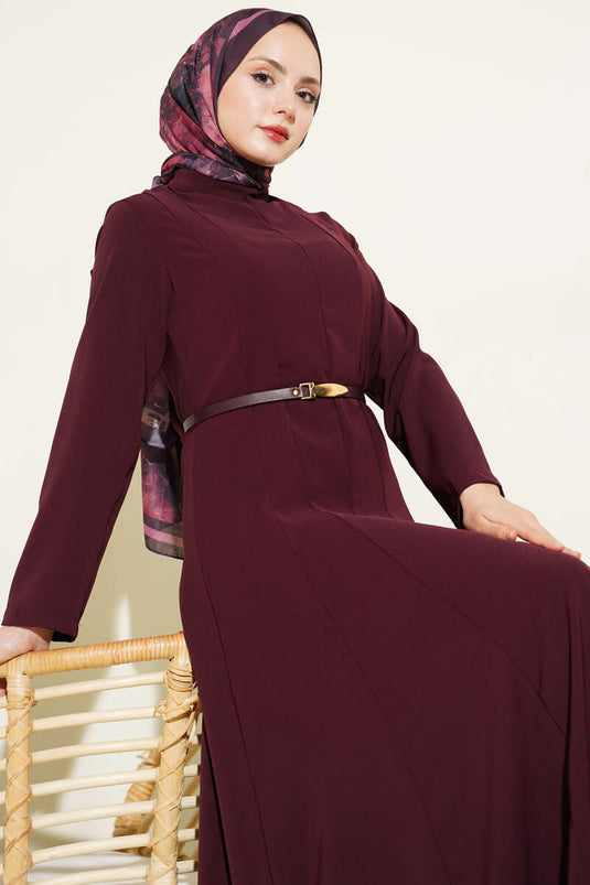 Hakim Collar Pleated Belted Dress Burgundy