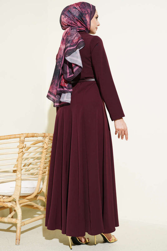 Hakim Collar Pleated Belted Dress Burgundy
