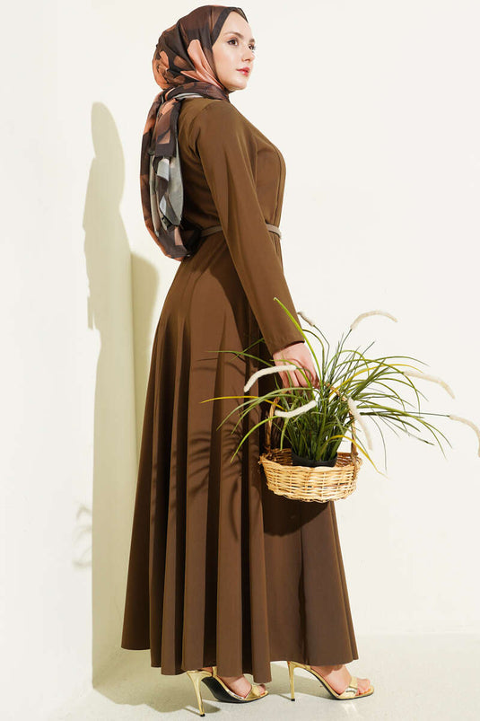 Hakim Collar Pleated Belted Dress Mink