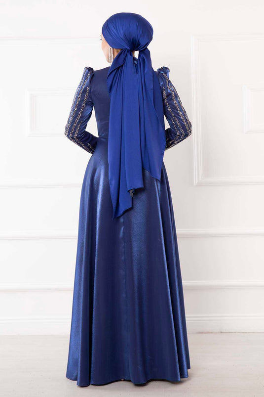 Magnifico abito da sera Hijab con dettagli in pietra blu navy